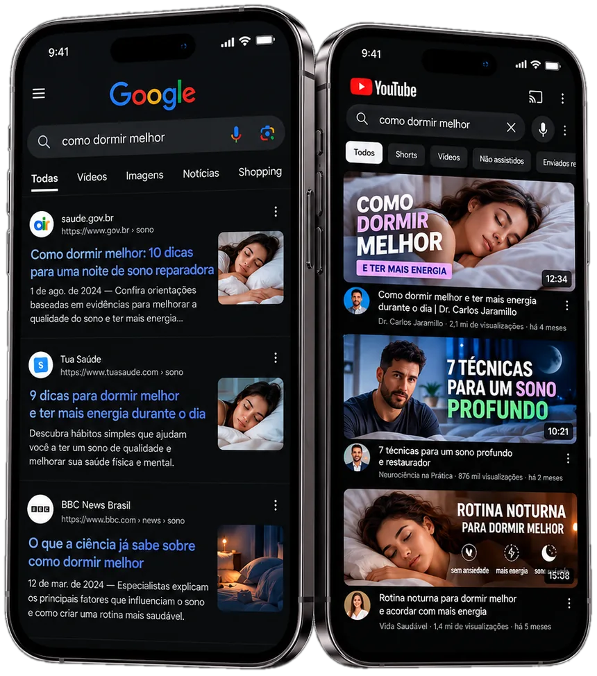 Pesquisa por como dormir melhor no Google e no YouTube