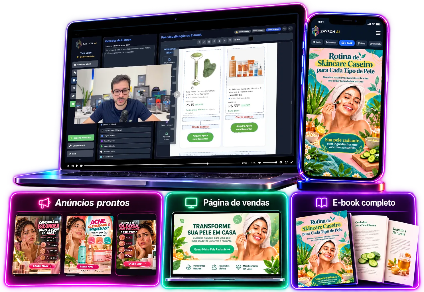 Zayron AI criando anúncios prontos, página de vendas e e-book completo