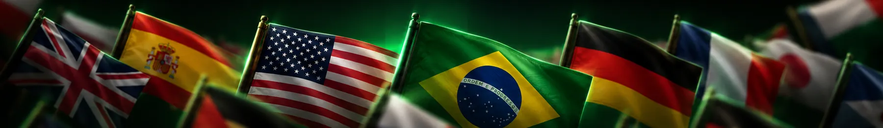 Bandeiras de vários países, como Reino Unido, Espanha, Estados Unidos, Brasil, Alemanha, França e Japão