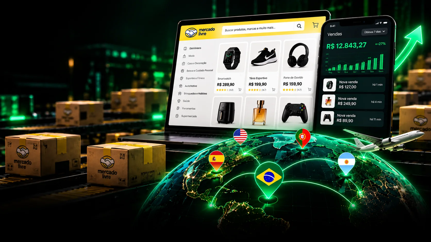 Loja online de produtos físicos no computador, painel de vendas no celular e globo com pedidos de vários países