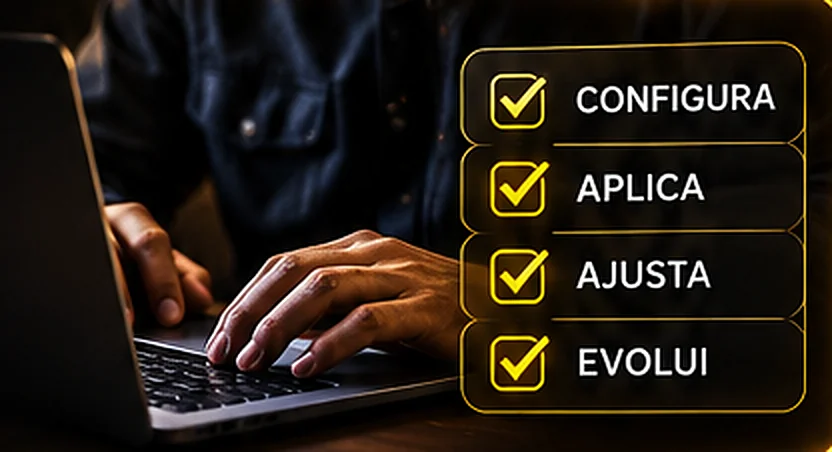 Mãos no teclado com a lista configura, aplica, ajusta e evolui